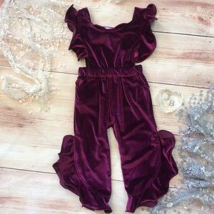 Boutique Girls burgundy velvet ruffle romper